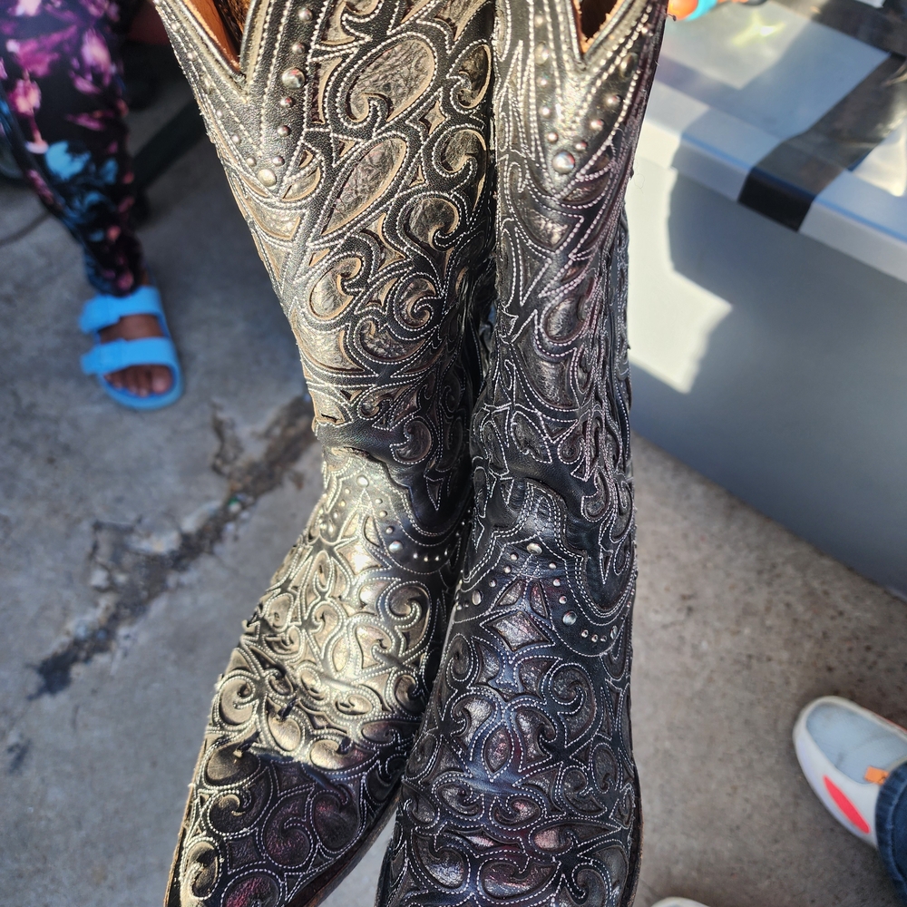 Lucchese Tan and Dark Brown Leather Western Boot Interior